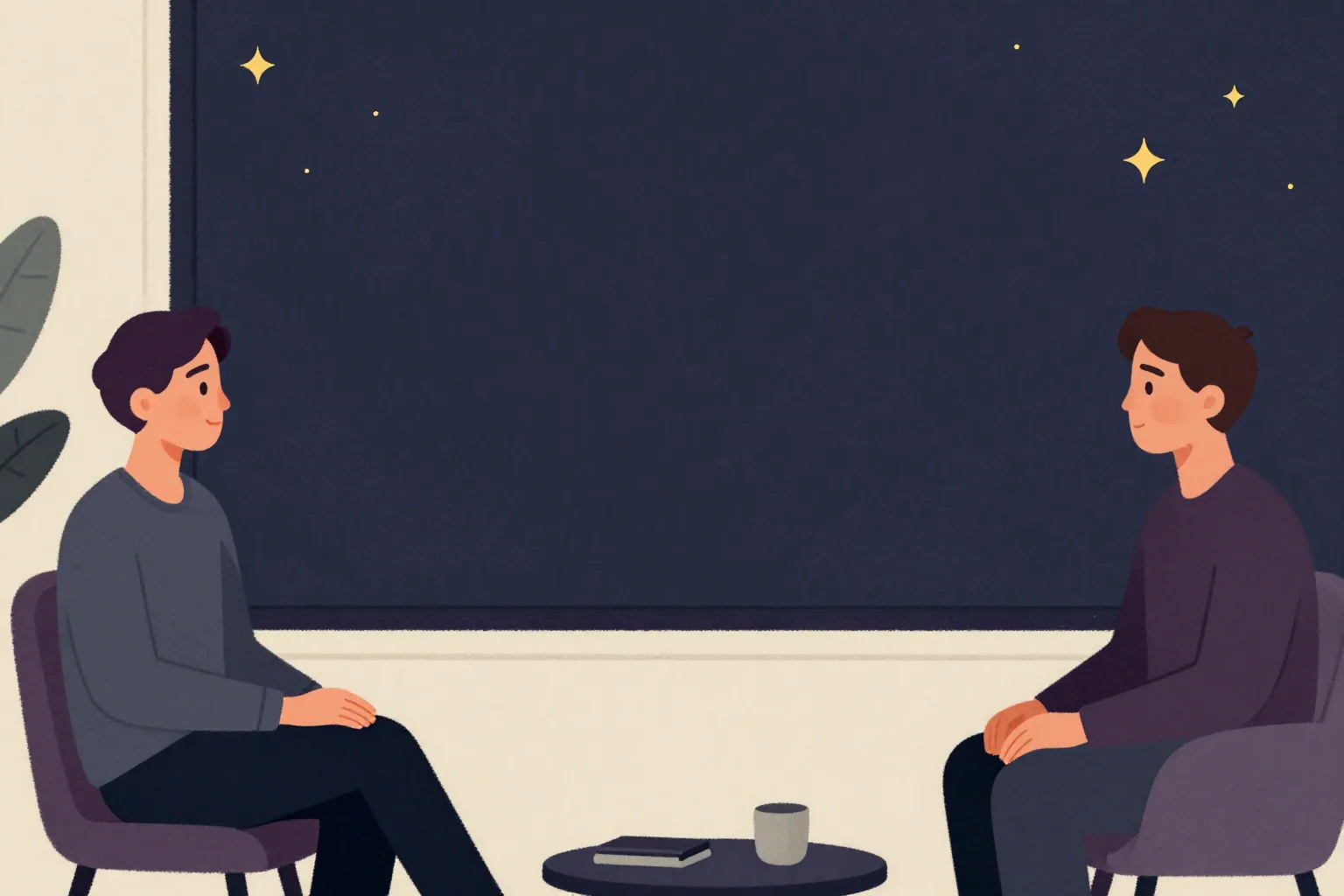 Two adults sharing a calm room with comfortable space between them during a quiet conversation.