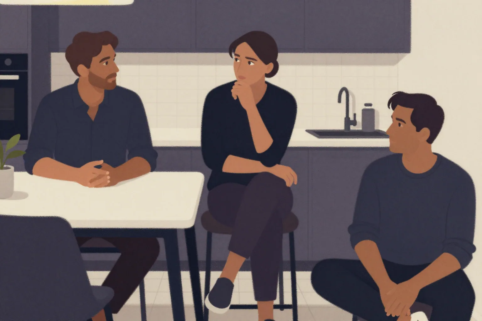 An adult moving through everyday moments of conversation, reflection, quiet closeness, and independent time.