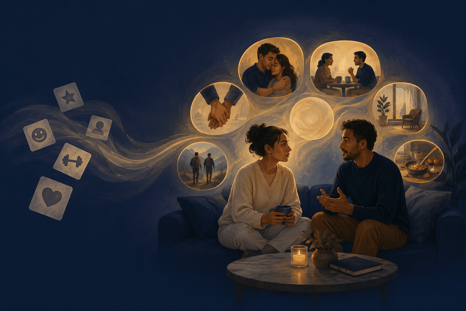 Illustration of relationship preferences across closeness, communication, affection, space, lifestyle, and chemistry.